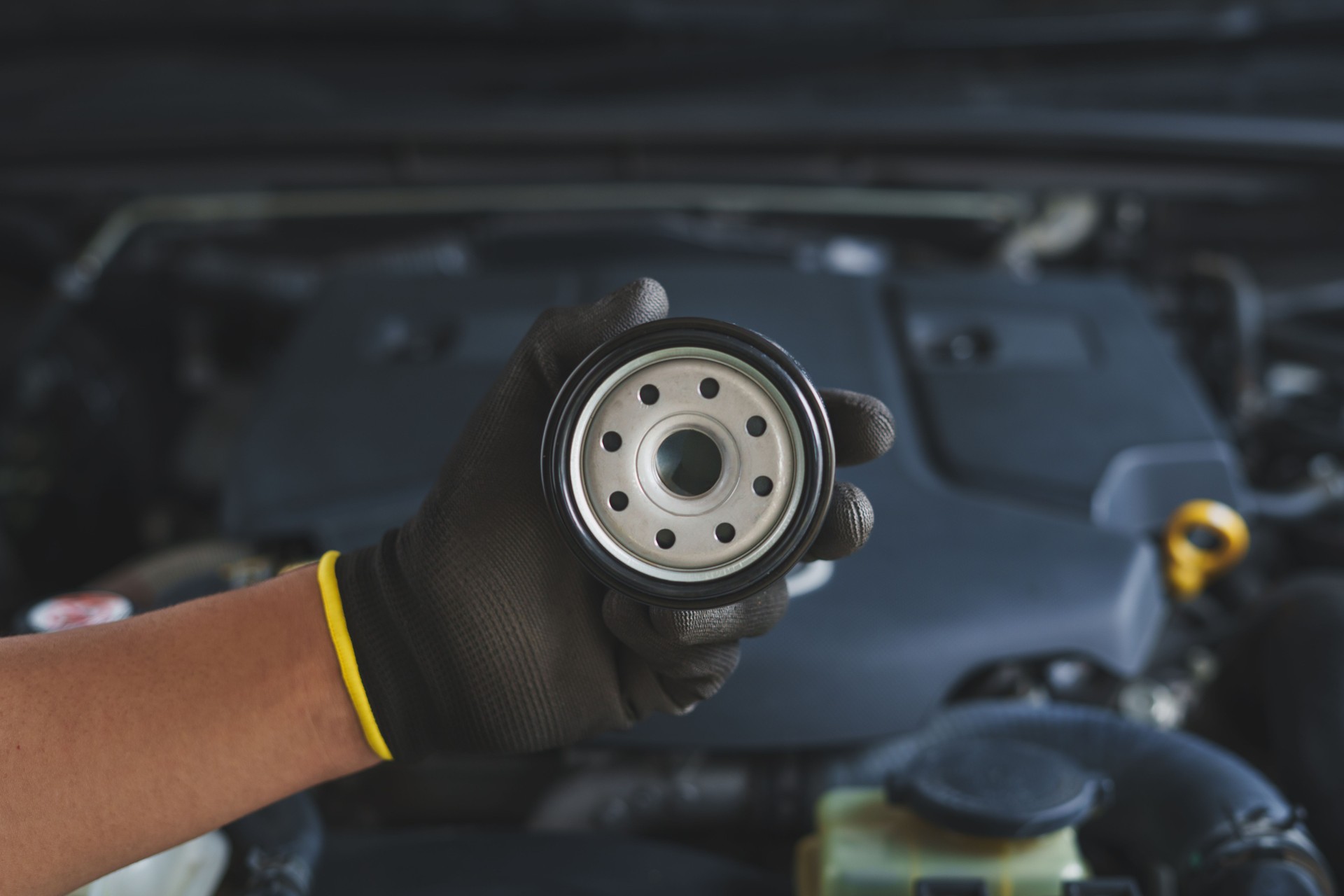 A gloved mechanic holds up a new, clean oil filter, ready for installation during a routine car maintenance service. This image highlights the importance of regular oil changes for engine health and optimal vehicle performance.